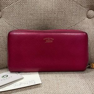 Low Start!!!! GUCCI Pink Cow Leather Bamboo Zipper Long Wallet